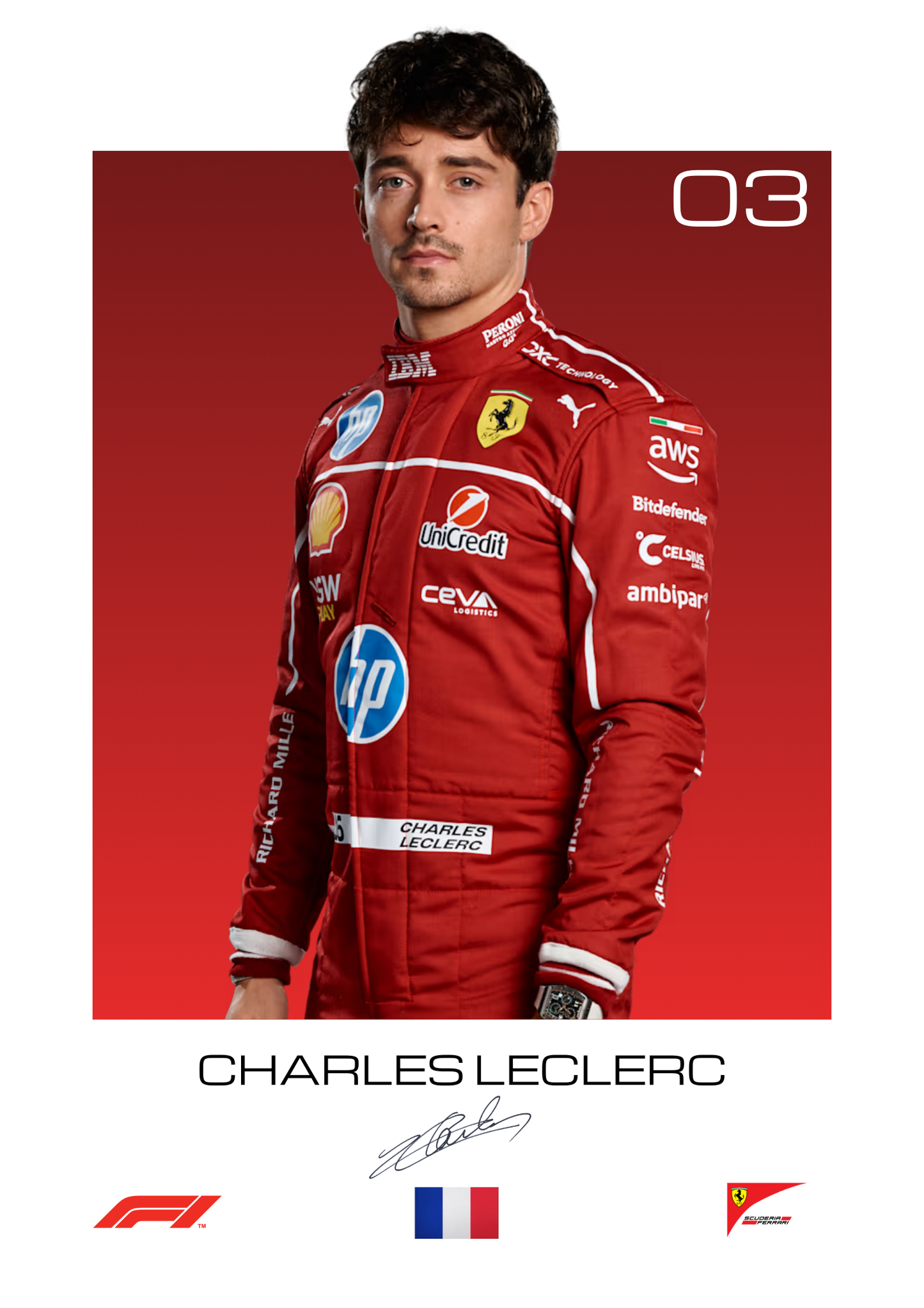 Formula 1 driver in a red racing suit with sponsor logos on a red background