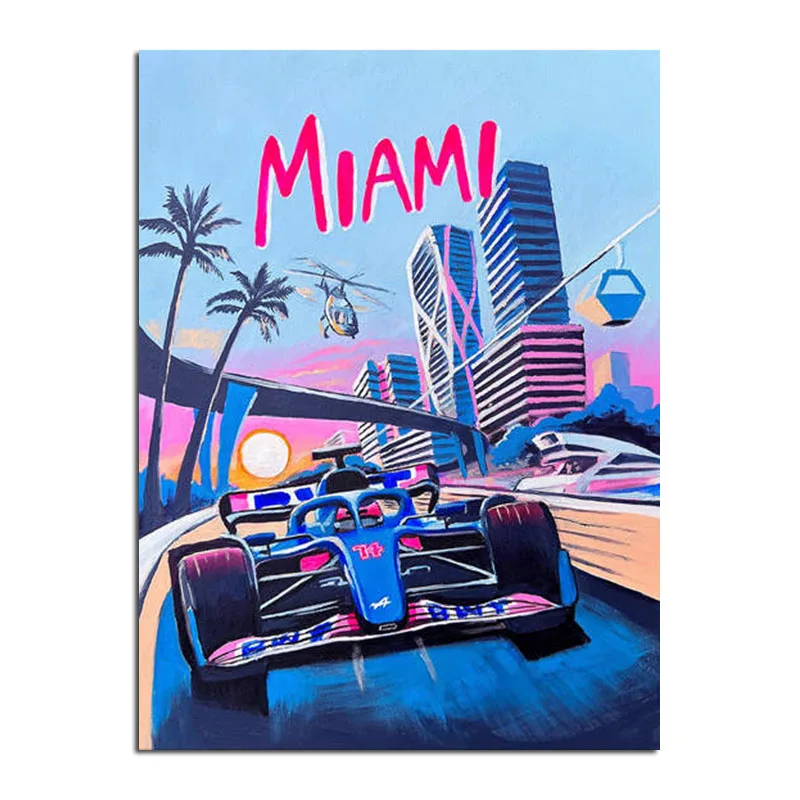 Miami-themed poster with a race car, skyline, and palm trees.