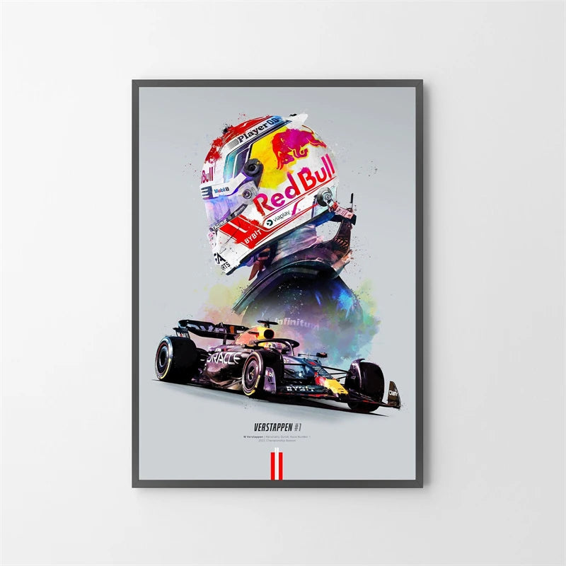 Framed poster of a Formula 1 car and helmet with Red Bull branding on a light gray background.