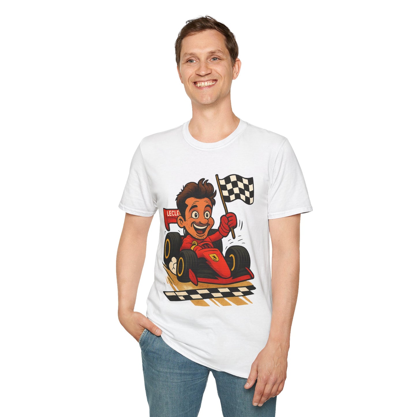 Racing Leclerc Cartoon T-Shirt — Formula 1 Driver Design with Checkered Flag