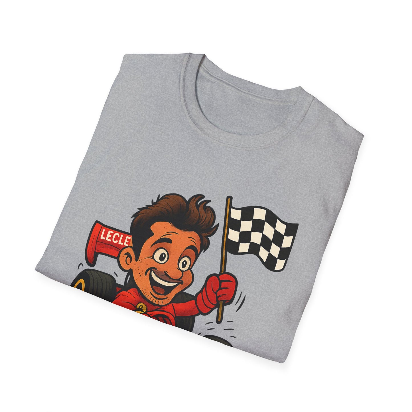 Racing Leclerc Cartoon T-Shirt — Formula 1 Driver Design with Checkered Flag