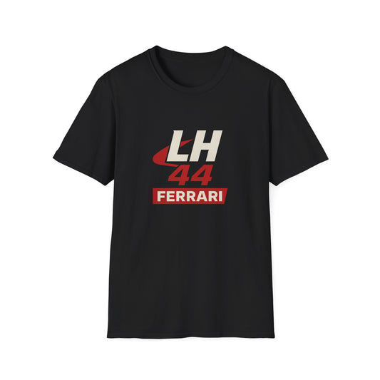 Black t-shirt with 'LH 44 Ferrari' logo on a white background