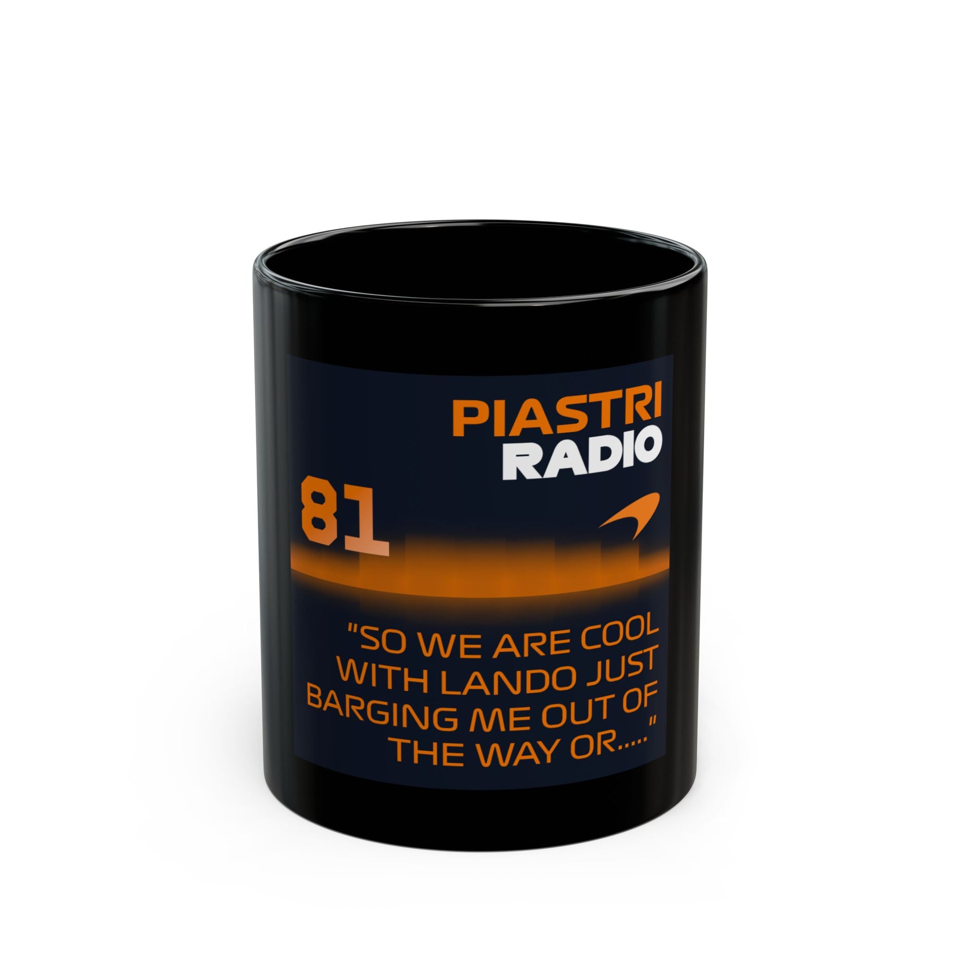 Black mug with 'PIASTRI RADIO' branding and text on a white background