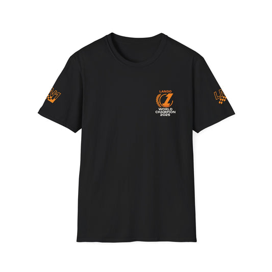 Black t-shirt with orange and white graphics on a white background