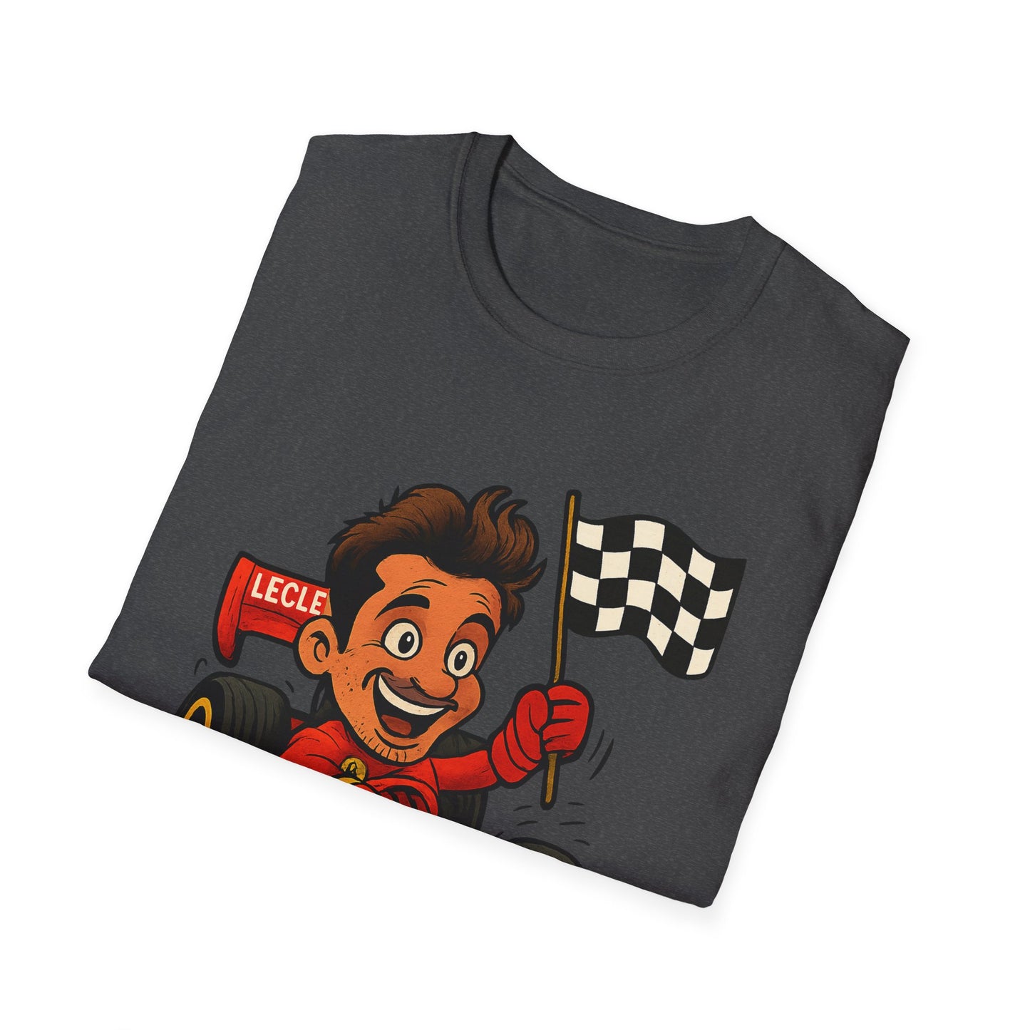 Racing Leclerc Cartoon T-Shirt — Formula 1 Driver Design with Checkered Flag