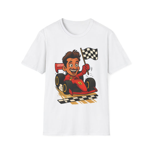 Racing Leclerc Cartoon T-Shirt — Formula 1 Driver Design with Checkered Flag
