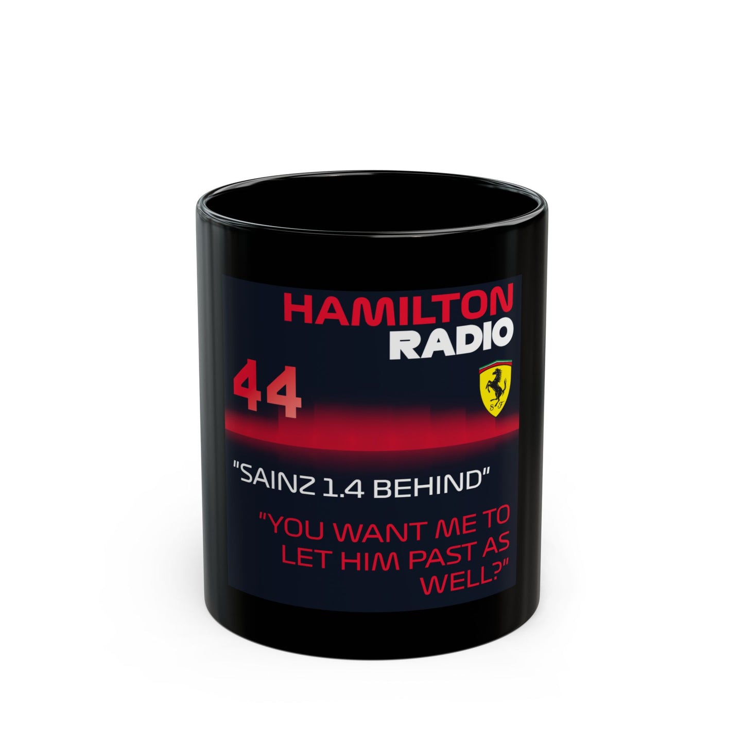 Black mug with Hamilton Radio branding and text on a white background