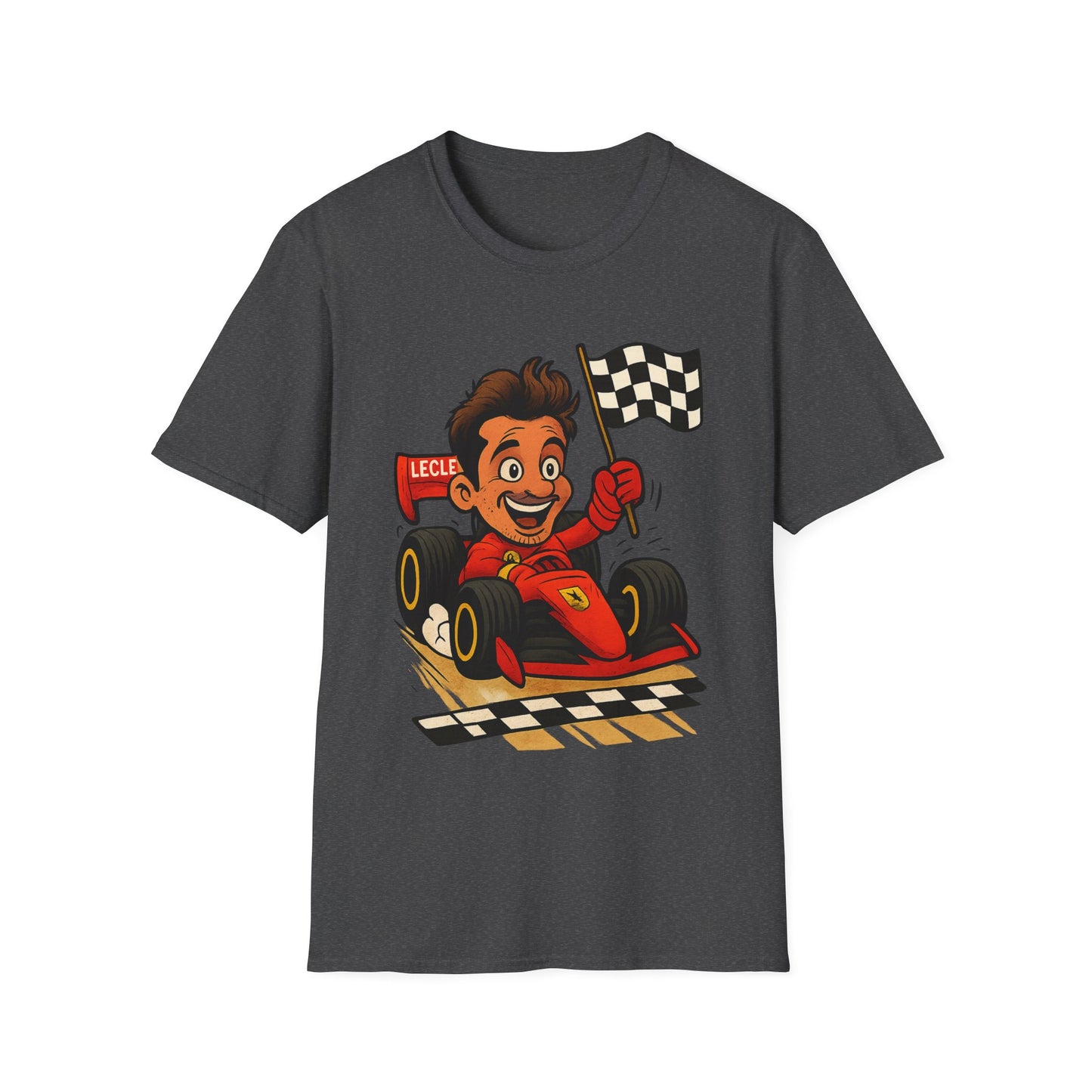 Racing Leclerc Cartoon T-Shirt — Formula 1 Driver Design with Checkered Flag