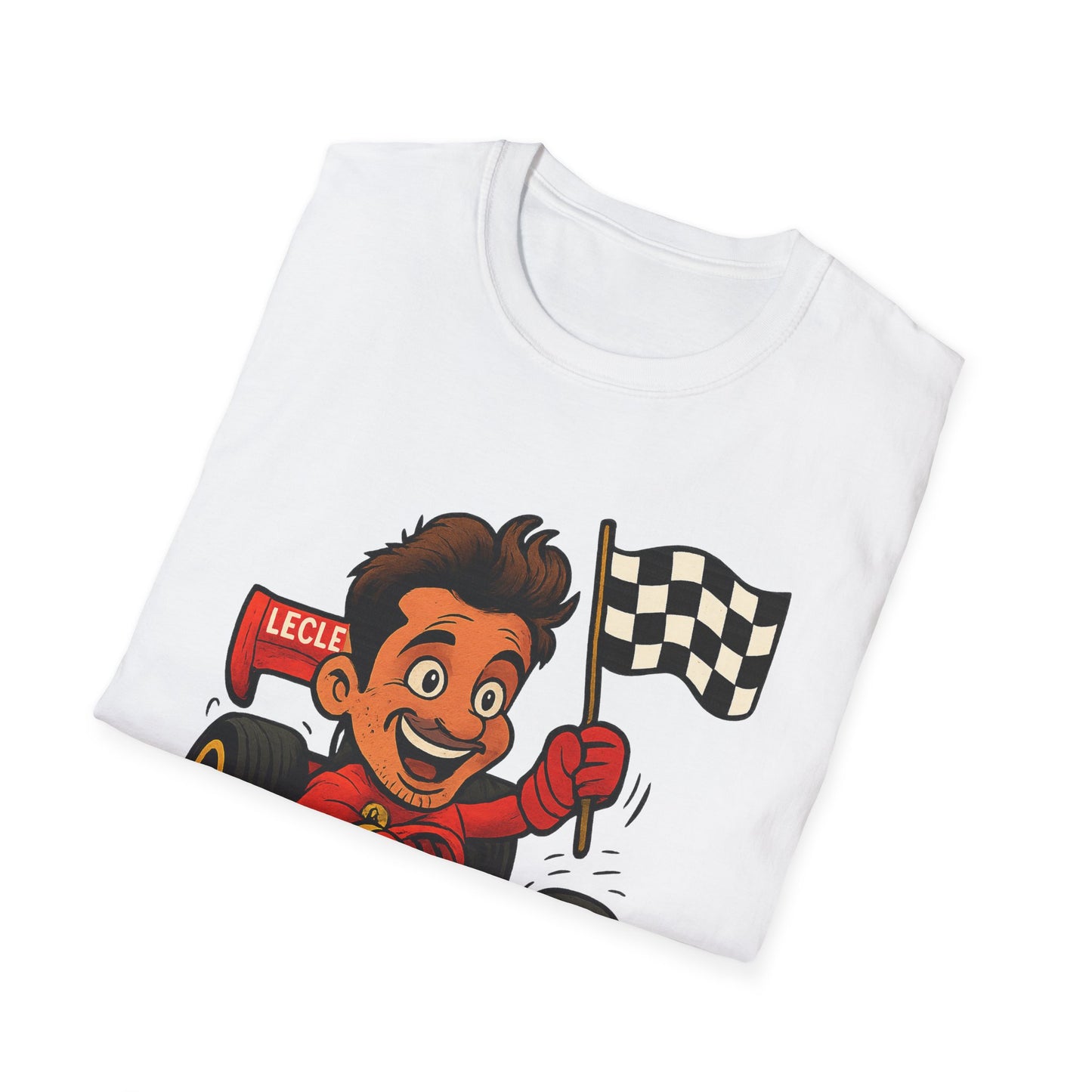 Racing Leclerc Cartoon T-Shirt — Formula 1 Driver Design with Checkered Flag