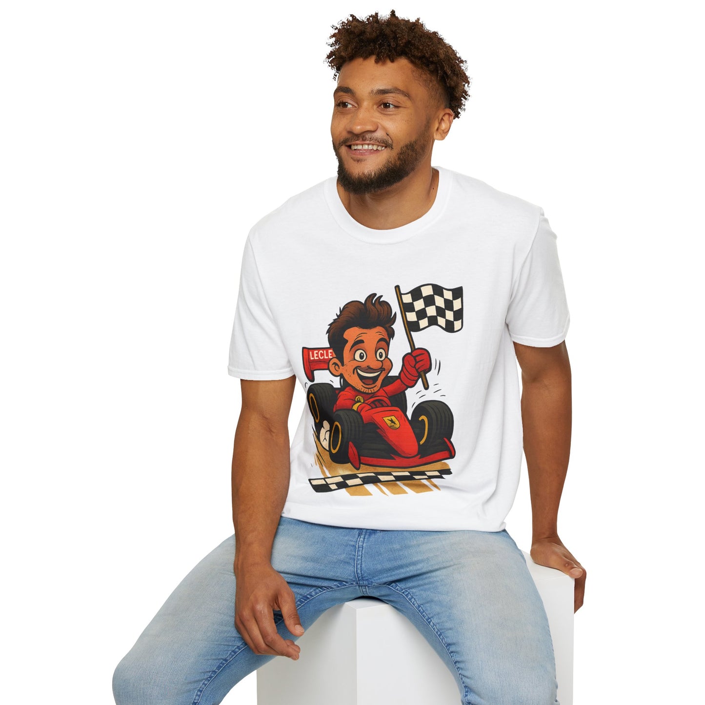 Racing Leclerc Cartoon T-Shirt — Formula 1 Driver Design with Checkered Flag