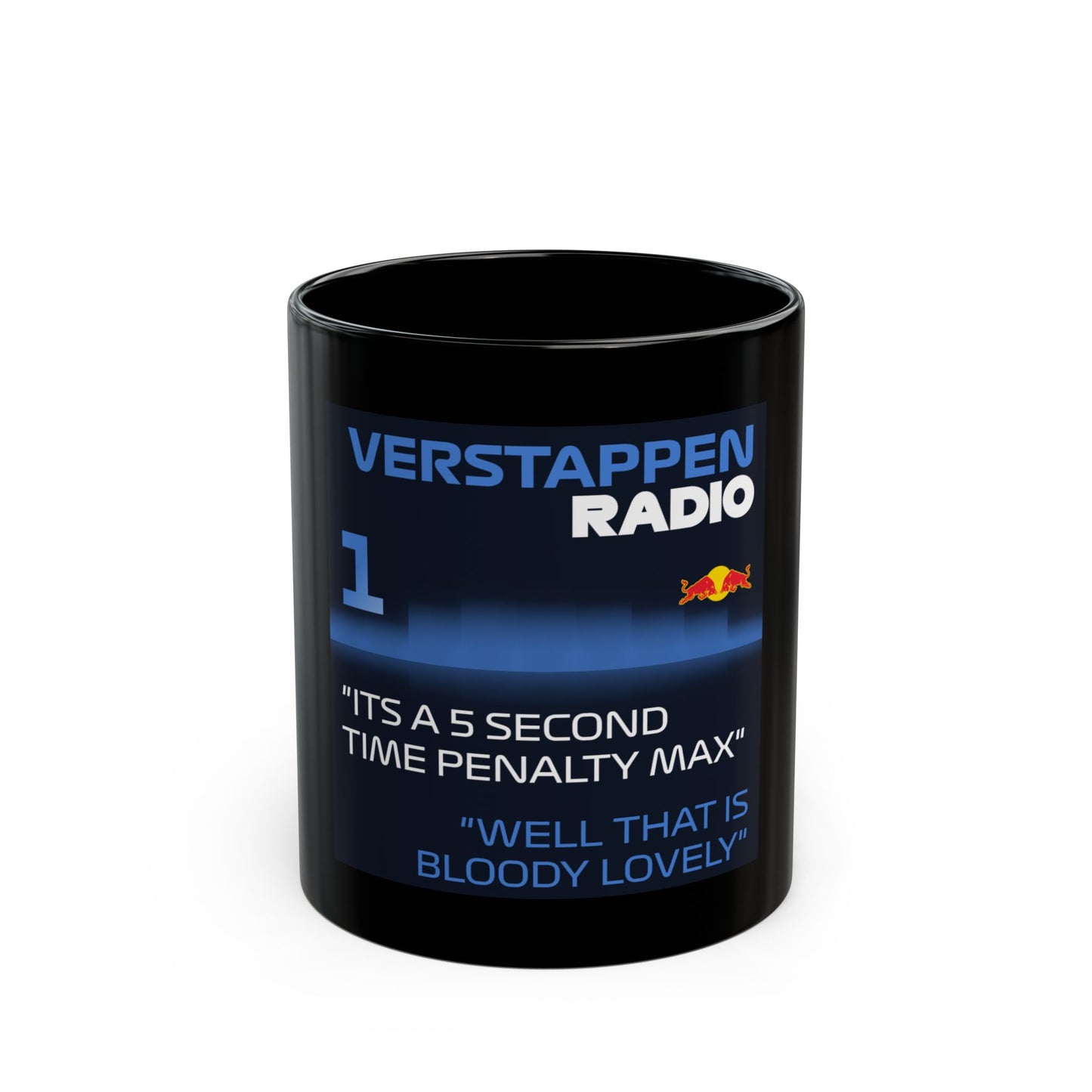 Black mug with Verstappen Radio branding and humorous text on a white background