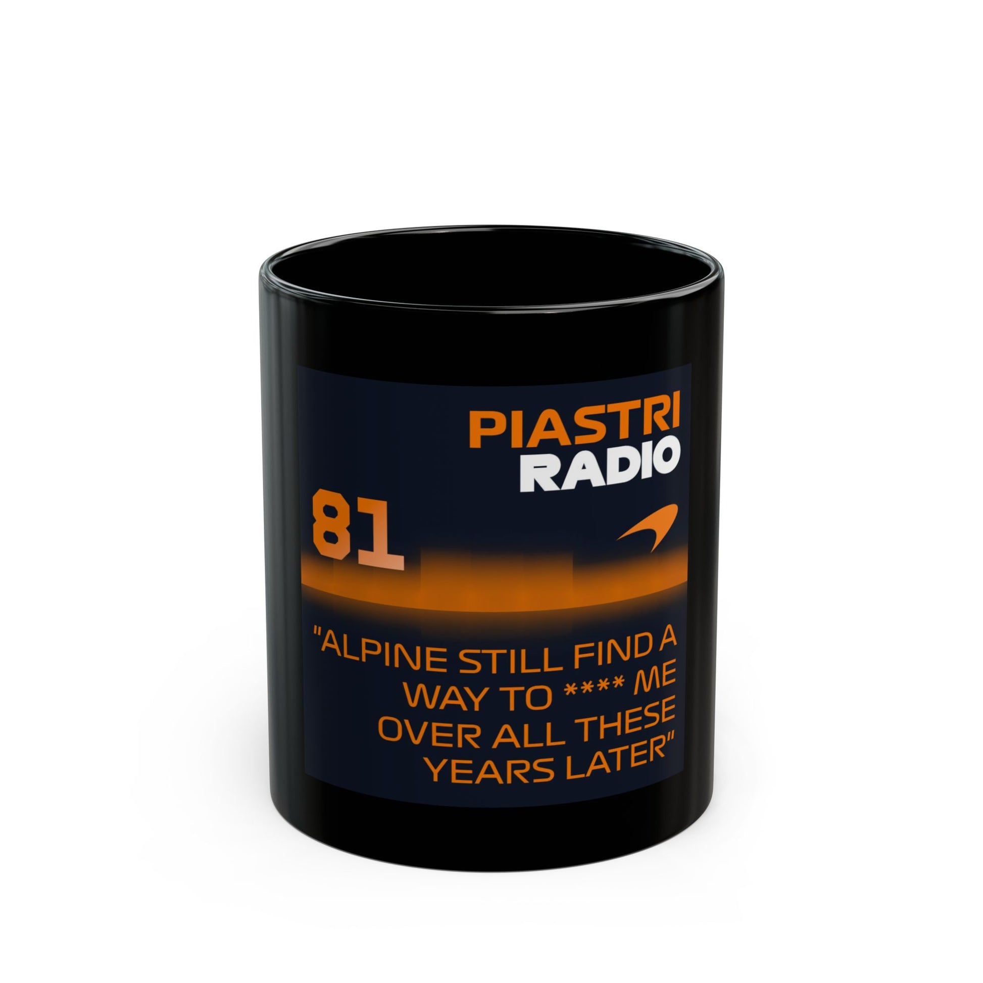Black mug with Piastri Radio branding and text on a white background