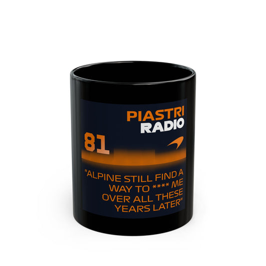 Black mug with Piastri Radio branding and text on a white background