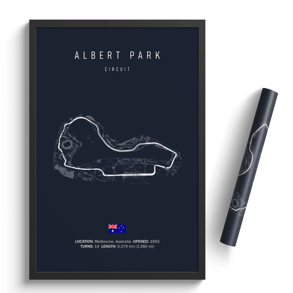 Framed poster of Albert Park Circuit with a pen on a white background