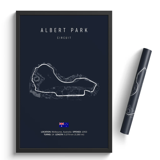 Framed poster of Albert Park Circuit with a pen on a white background