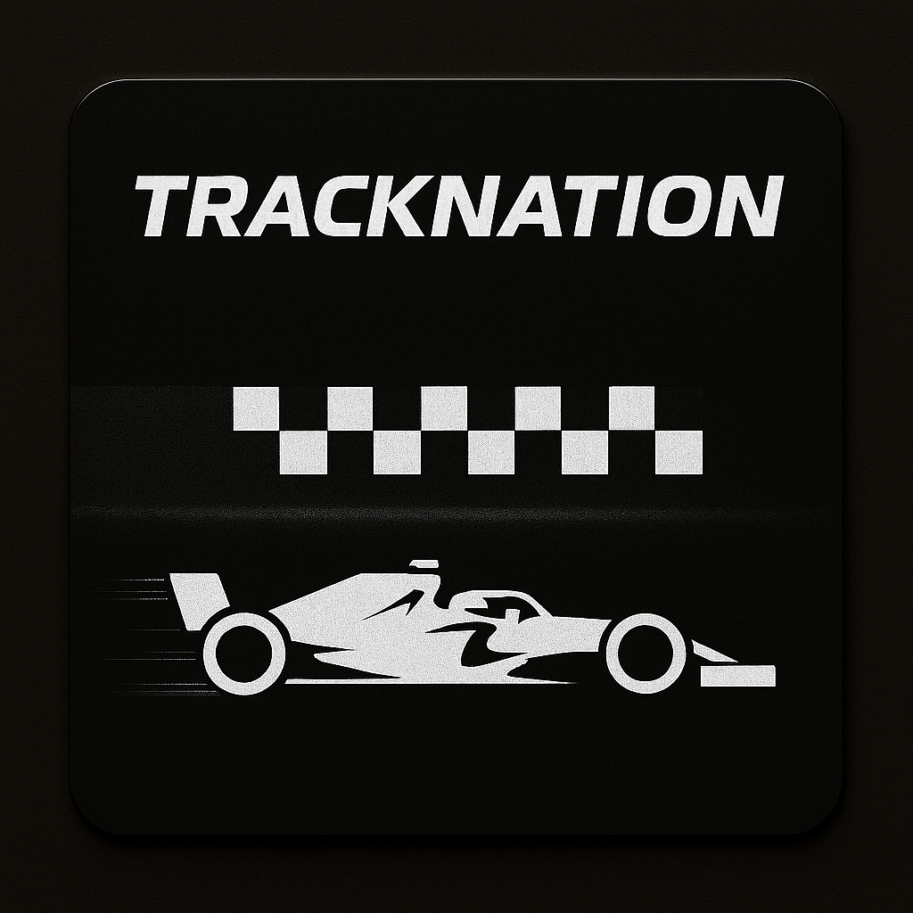 TrackNation logo with a racing car silhouette on a black background