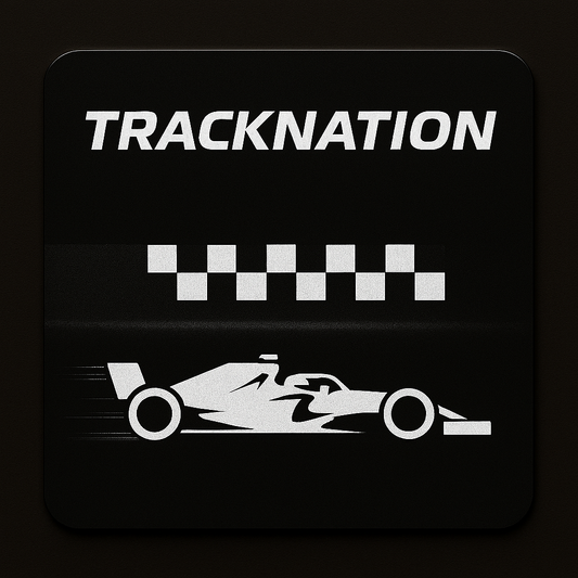 TrackNation logo with a racing car silhouette on a black background