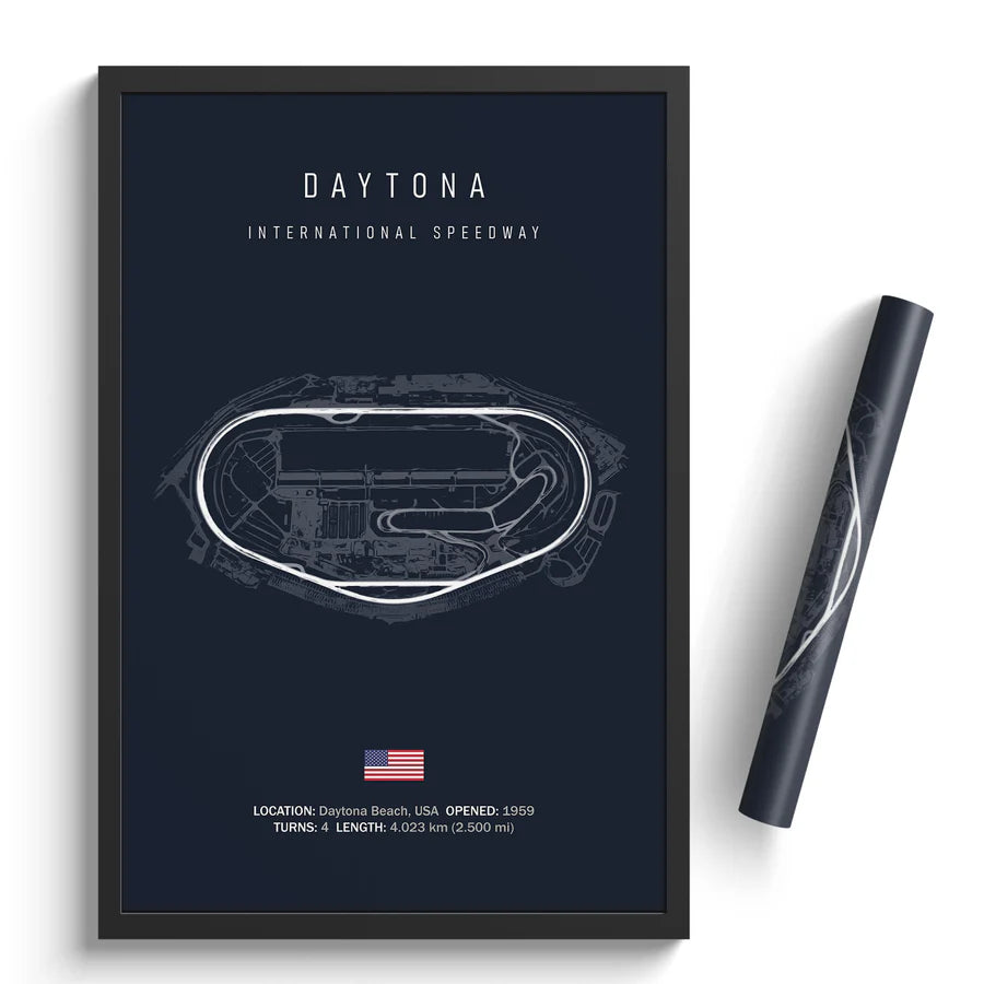 Framed poster of Daytona International Speedway with a pen on a white background