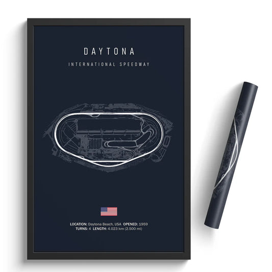 Framed poster of Daytona International Speedway with a pen on a white background