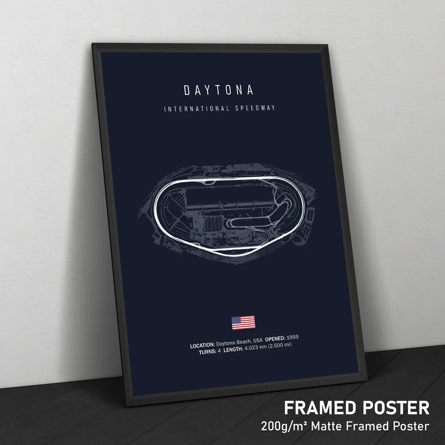 Framed poster of Daytona International Speedway on a white wall