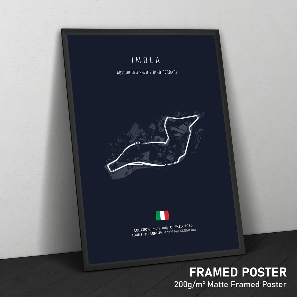 Framed poster of a race track layout with text on a dark background