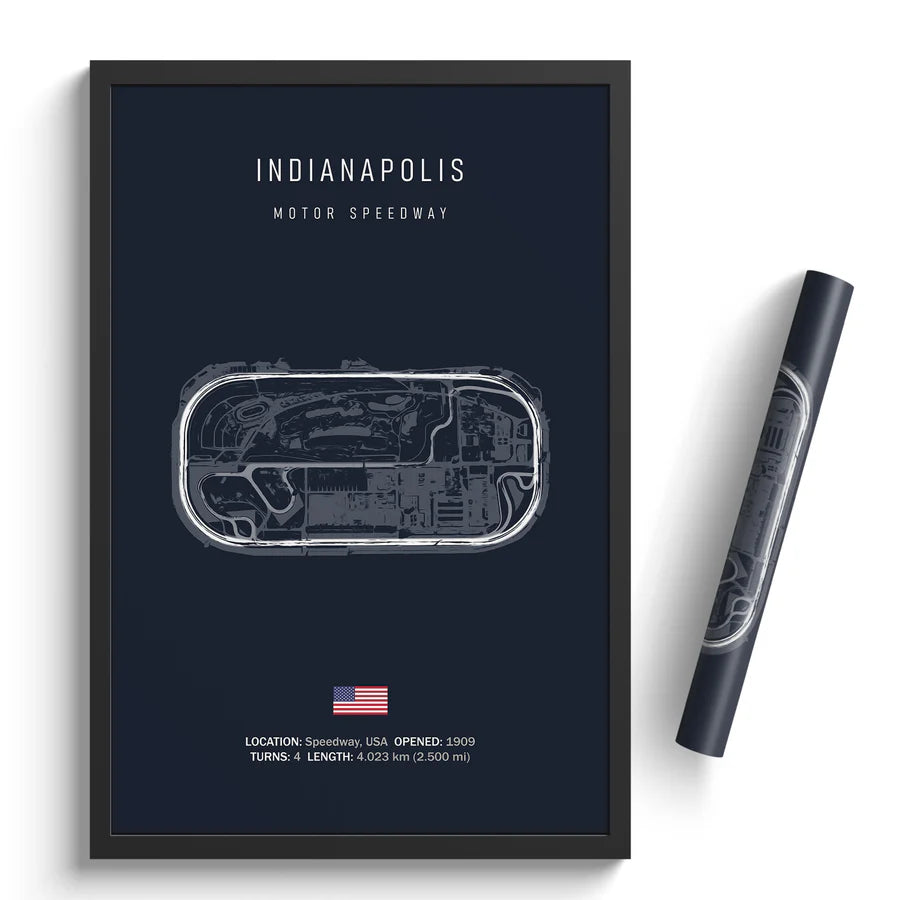 Framed poster of Indianapolis Motor Speedway layout with a pen on a white background