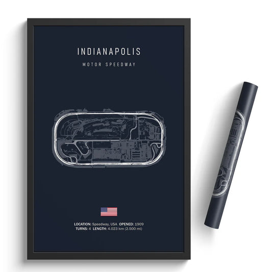 Framed poster of Indianapolis Motor Speedway layout with a pen on a white background