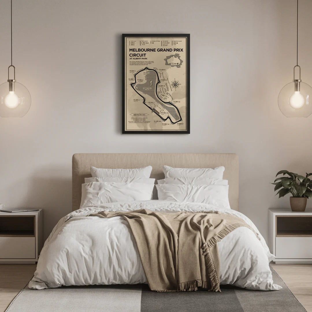Bedroom with a Melbourne Grand Prix Circuit map poster on the wall