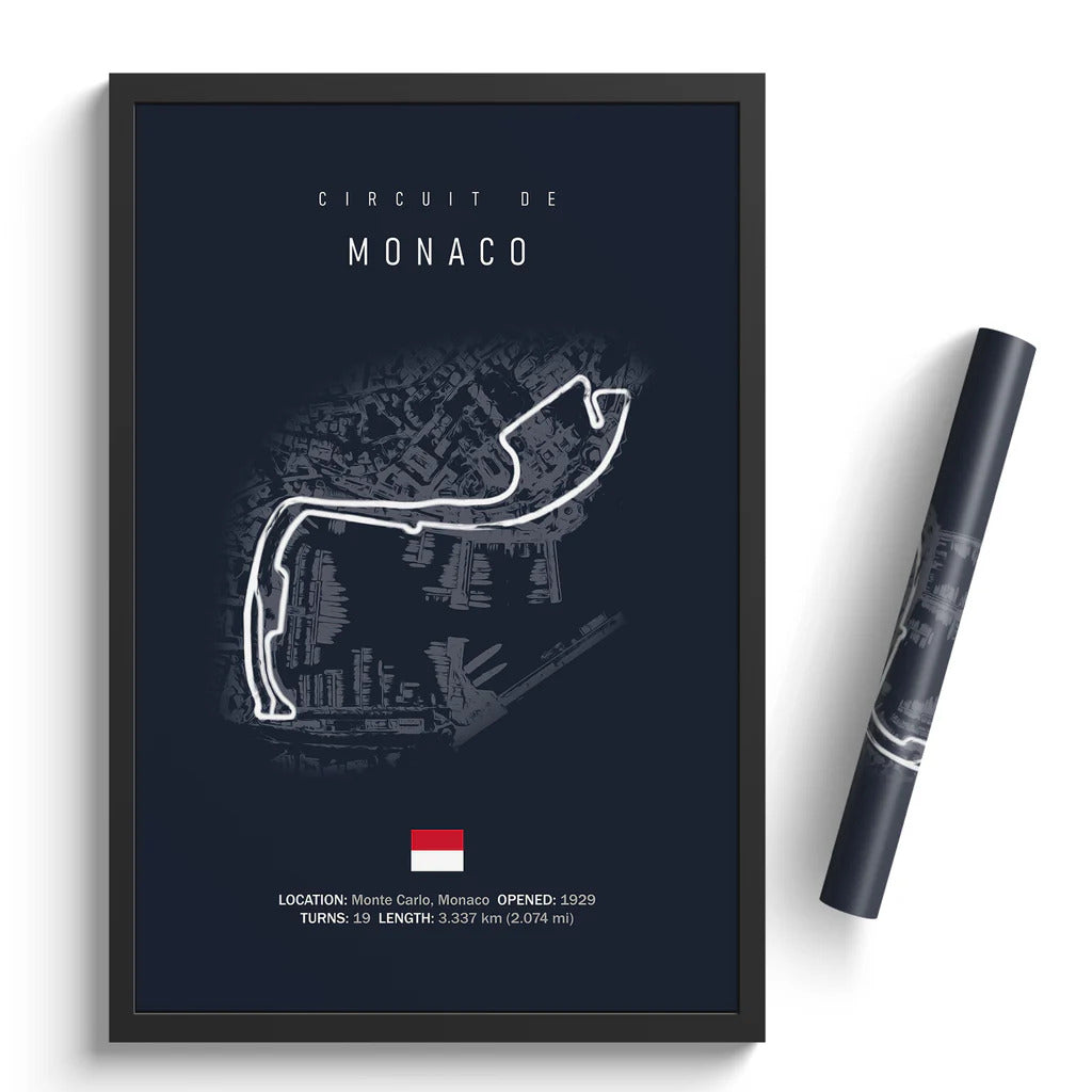 Framed poster of Circuit de Monaco with a pen on a white background