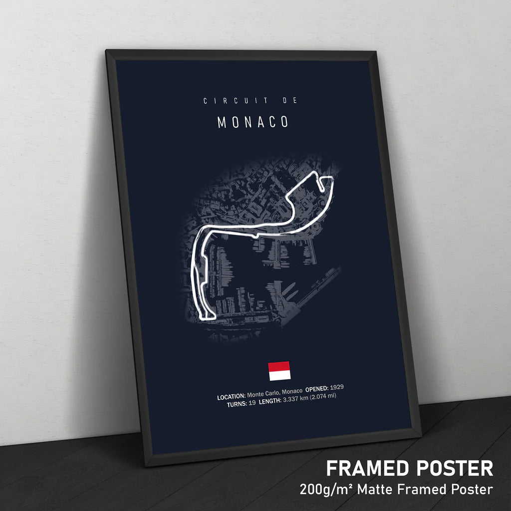 Framed poster of the Circuit de Monaco on a white wall.
