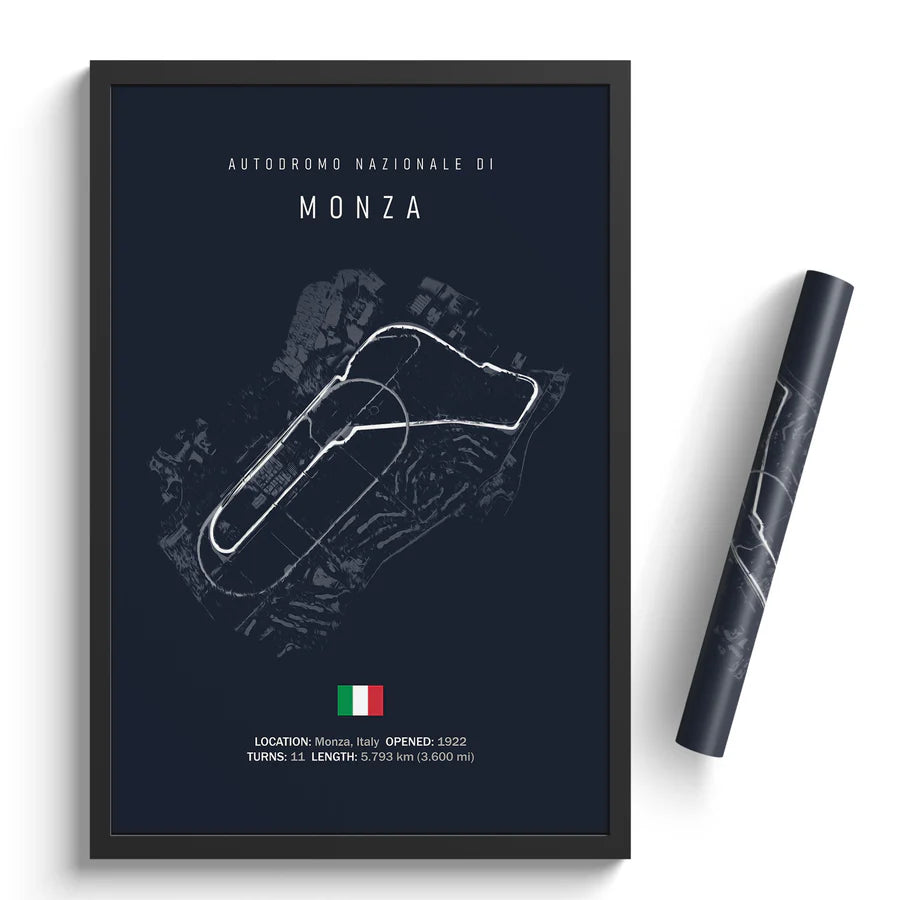 Framed poster of Autodromo Nazionale di Monza with Italian flag and track layout.