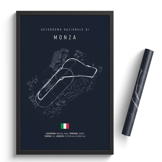 Framed poster of Autodromo Nazionale di Monza with Italian flag and track layout.