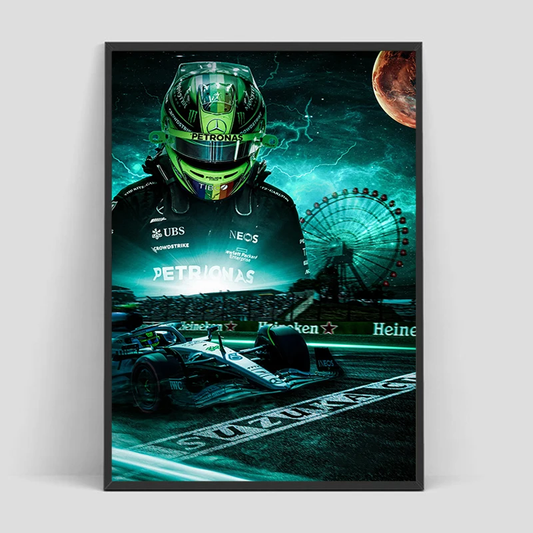 Framed poster of a Formula 1 driver lewis hamilton with a race car and event backdrop