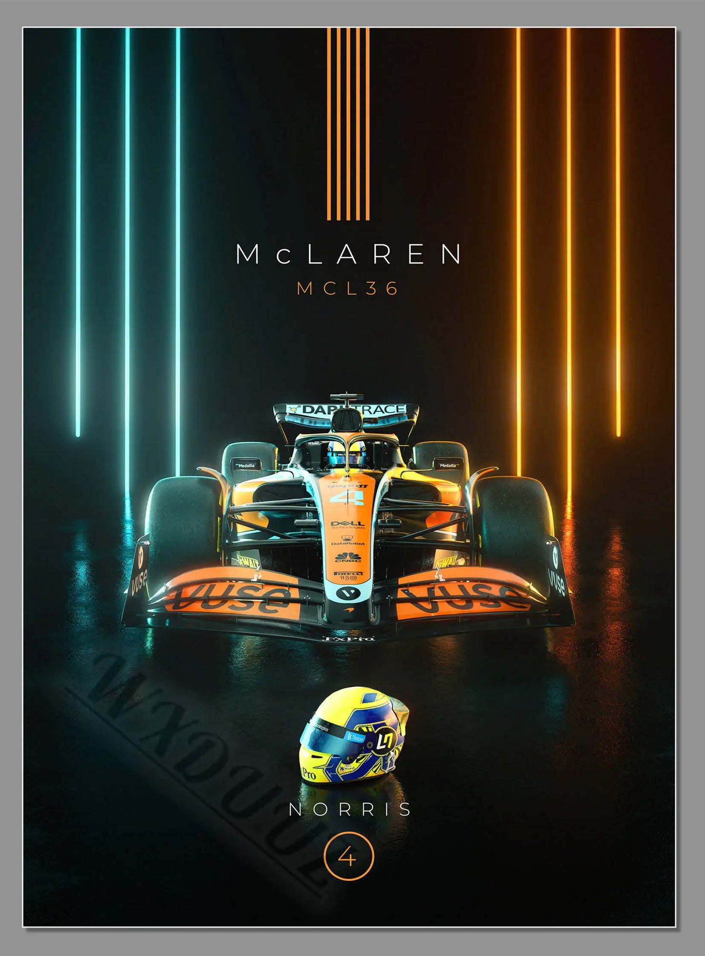 McLaren MCL36 Formula 1 car with a helmet on a dark background