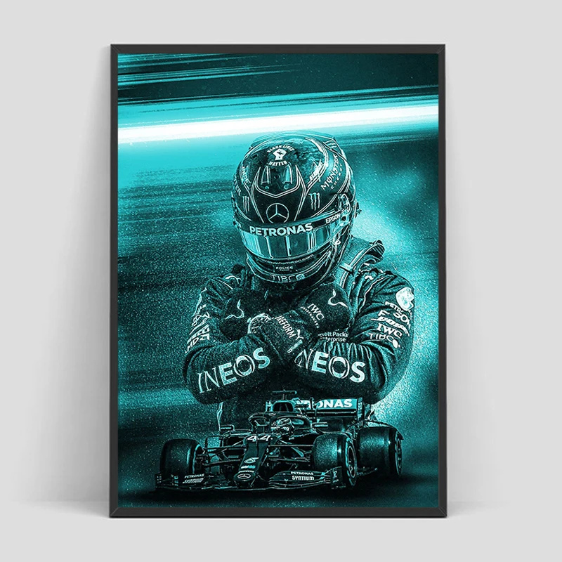 Framed poster of a Formula 1 driver lewis hamilton in a racing suit with 'NEOS' branding, helmet, and car.