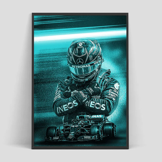 Framed poster of a Formula 1 driver lewis hamilton in a racing suit with 'NEOS' branding, helmet, and car.