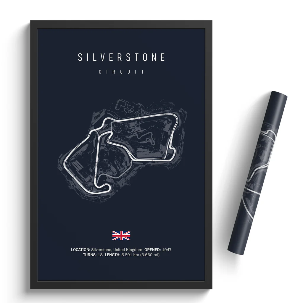Framed map of Silverstone Circuit with a pen on a white background