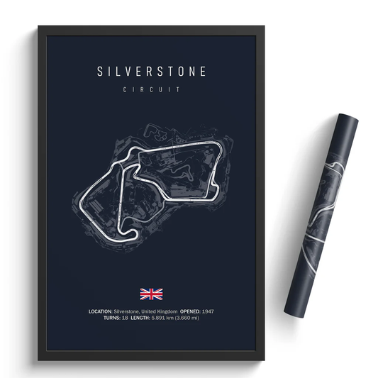 Framed map of Silverstone Circuit with a pen on a white background