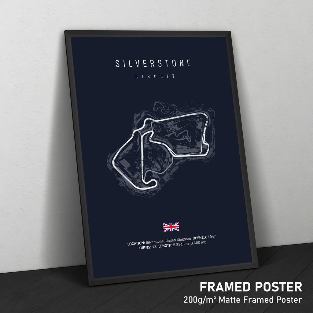 Framed poster of Silverstone Circuit on a dark blue background with a black frame.