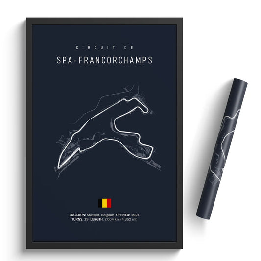 Framed poster of Circuit de Spa-Francorchamps with a pen on a white background
