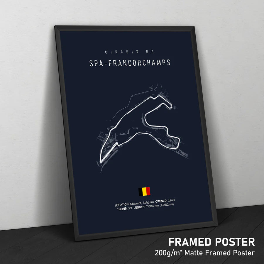 Framed poster of Circuit de Spa-Francorchamps on a dark blue background
