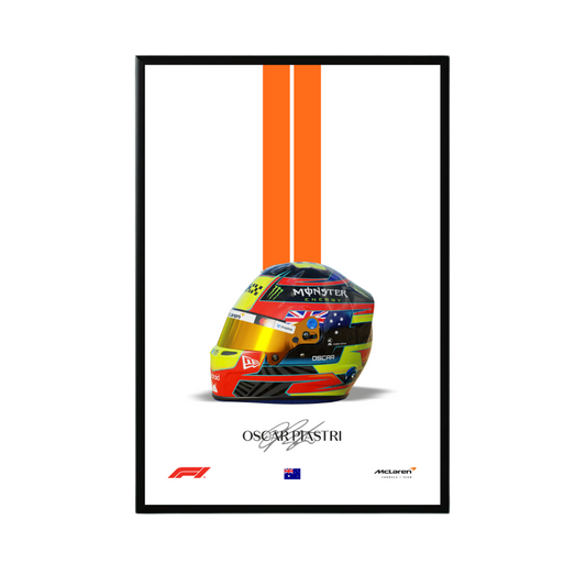 Framed poster of a racing helmet with branding and text on a white background