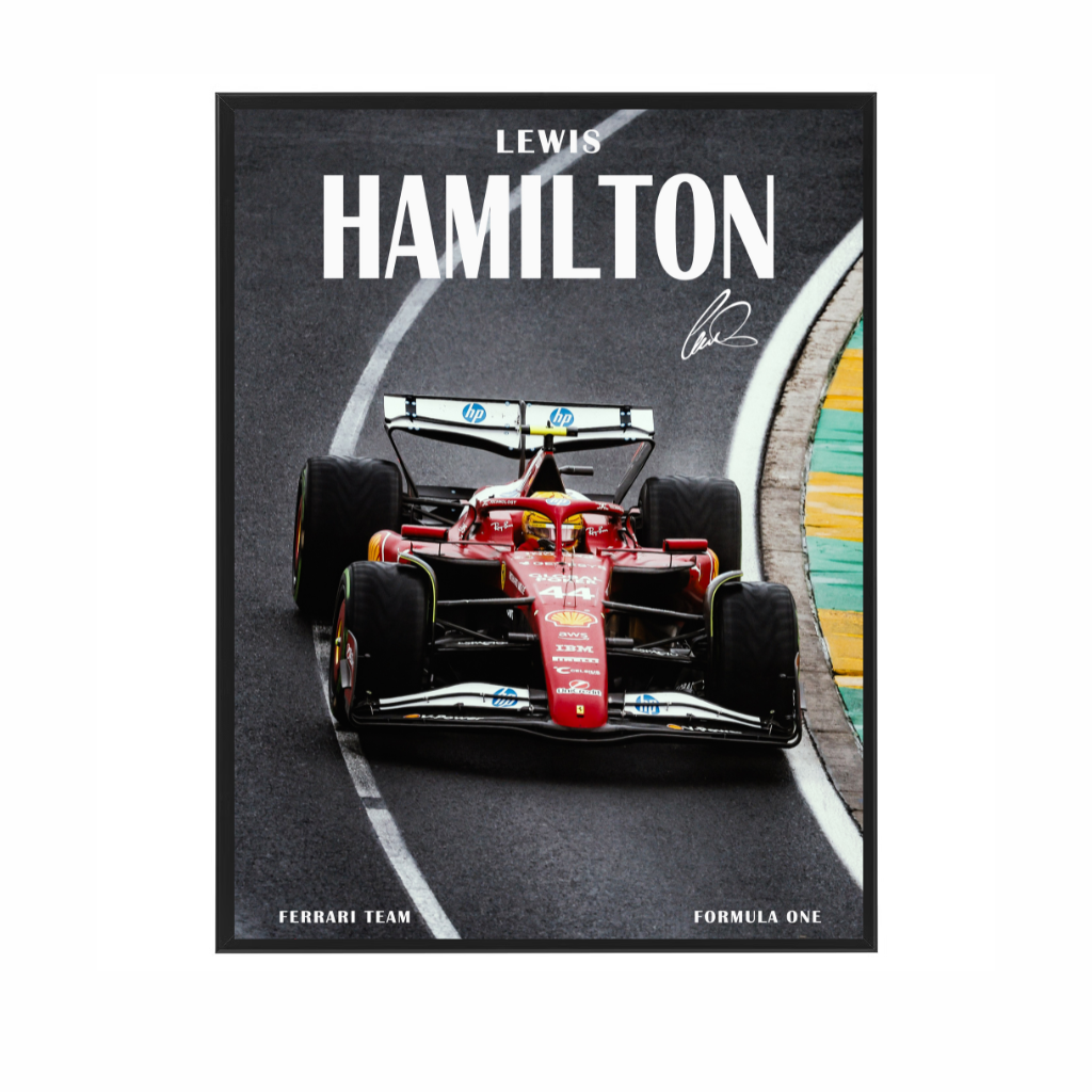 Framed poster of Lewis Hamilton driving a Formula One car with Ferrari branding.