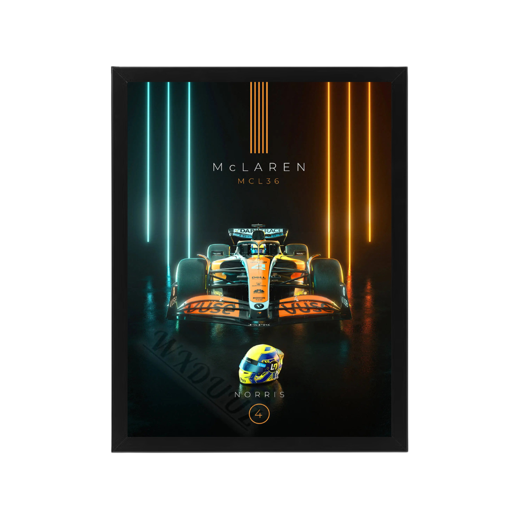 Framed poster of a McLaren Formula 1 car with dynamic lighting effects.