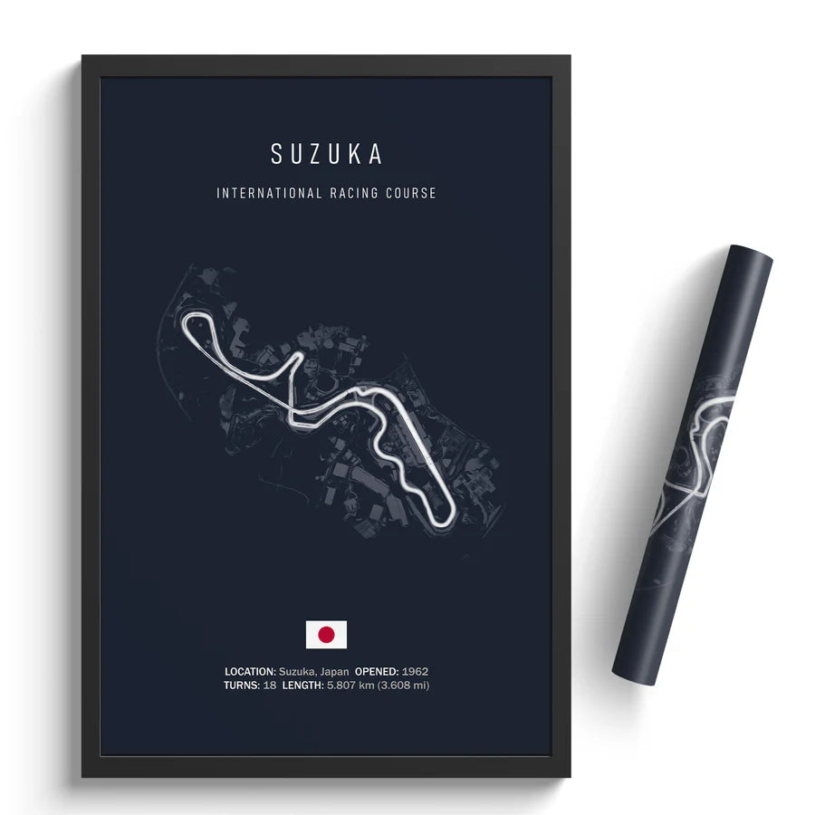 Framed poster of Suzuka International Racing Course with a pen on a white background