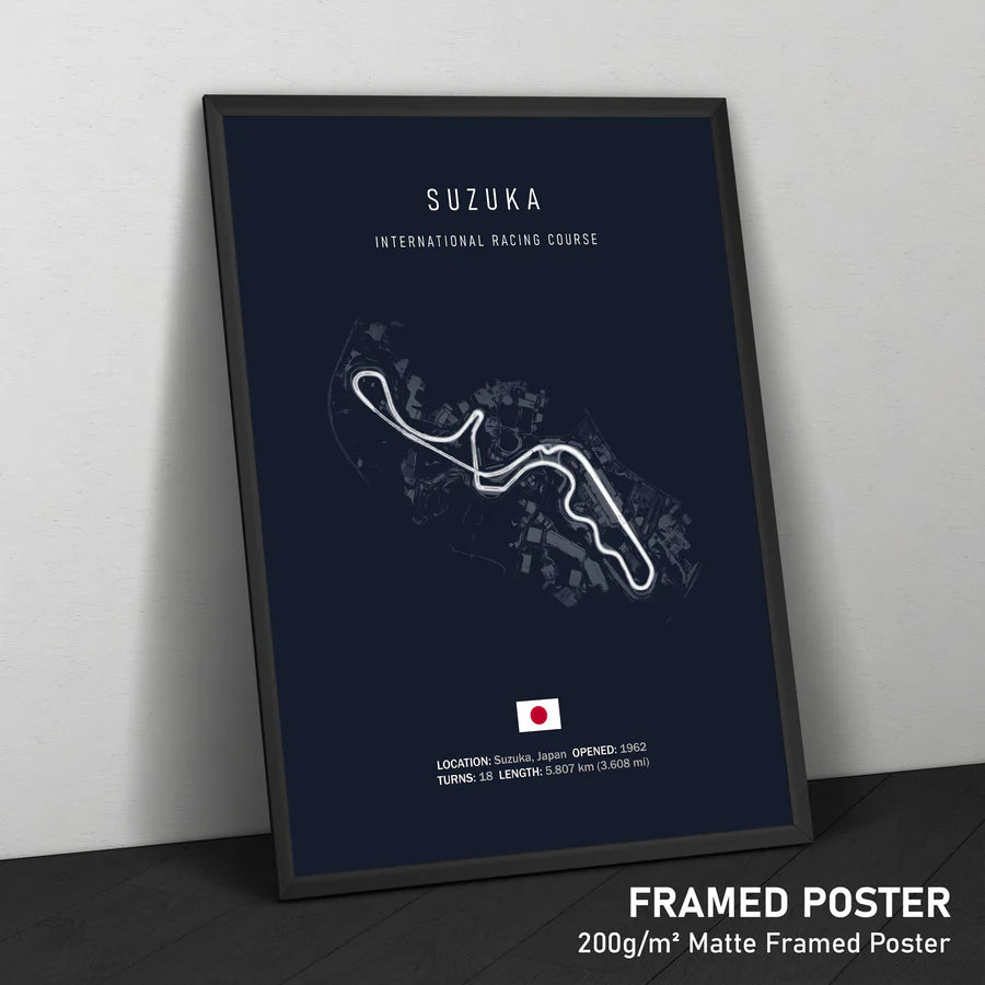 Framed poster of Suzuka International Racing Course on a dark blue background