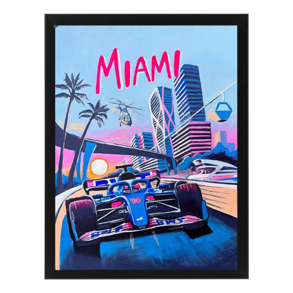 Retro F1 Neon City Canvas Wall Art Prints Miami
